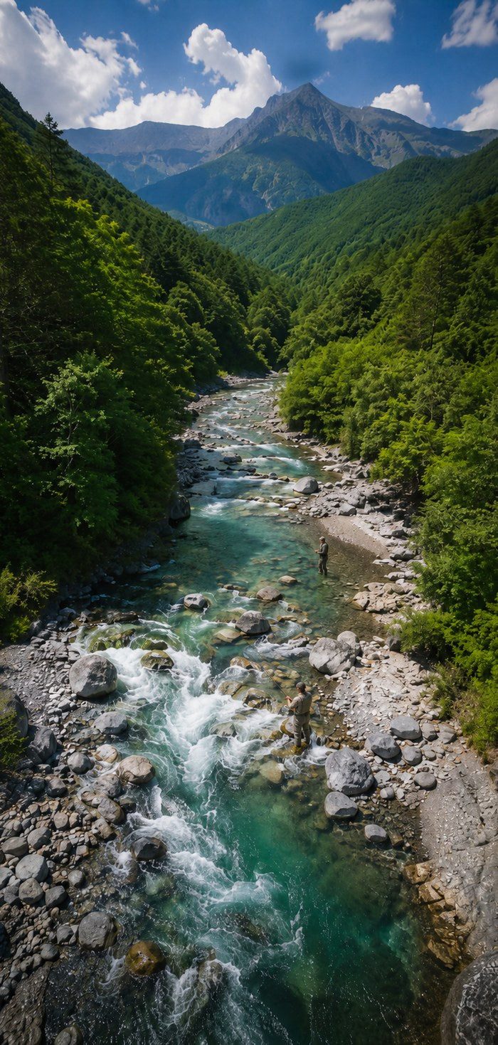 渓流で釣りをする人