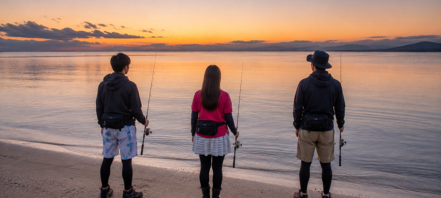 夕暮れの湖畔に並ぶ3人の釣り人