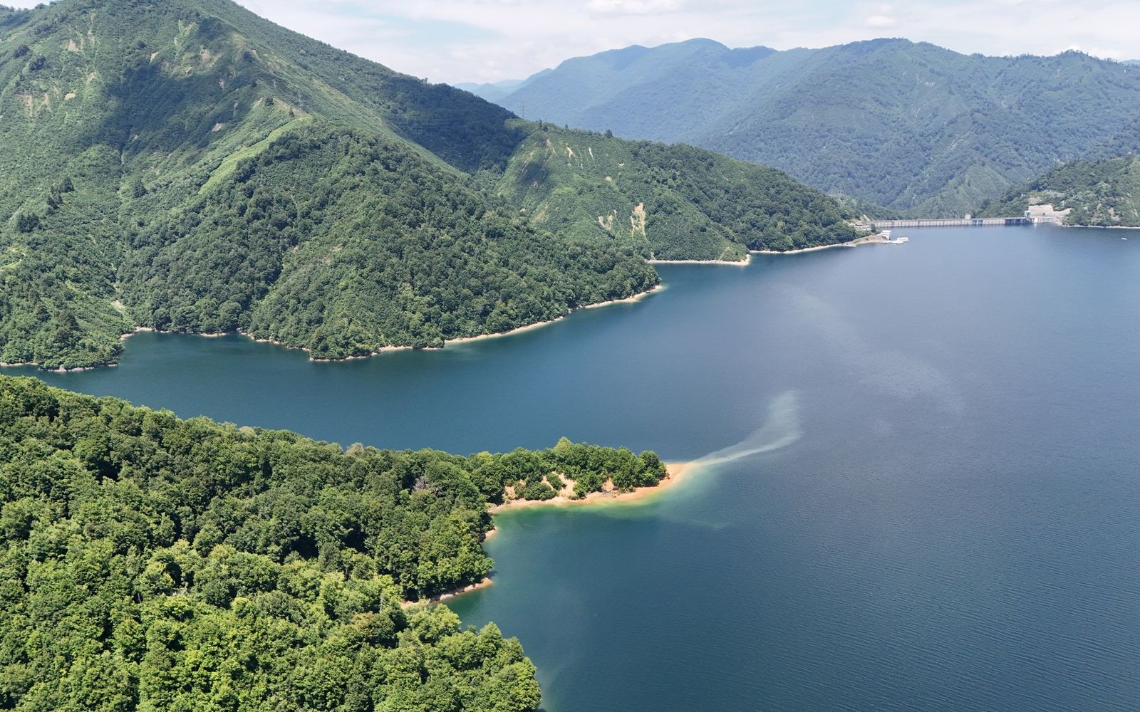 緑の山あいに広がる夏の奥只見湖