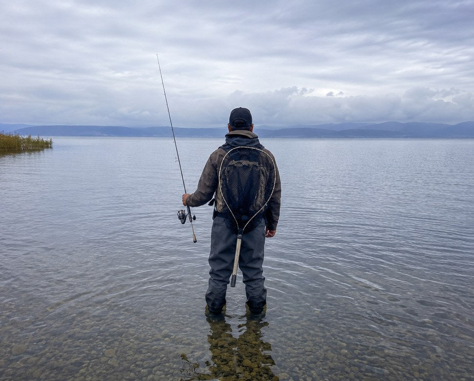 曇天の湖に立ち竿を構える釣り人