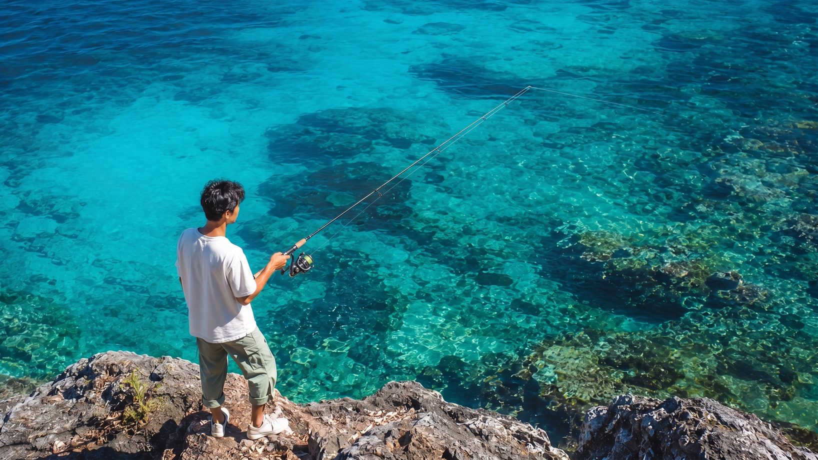 透きとおった海の岩場に立つ少年
