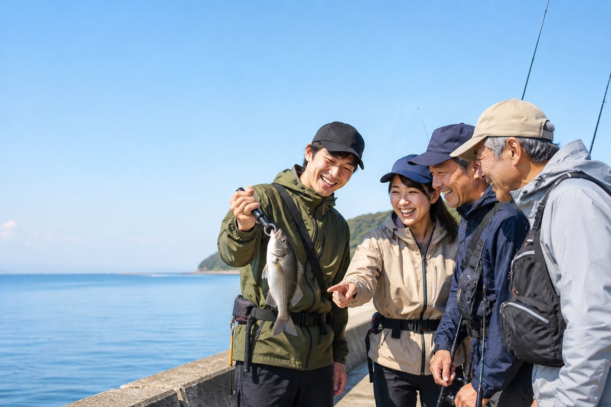 晴天の堤防で釣果を見せ合い、笑顔で盛り上がる仲間たち
