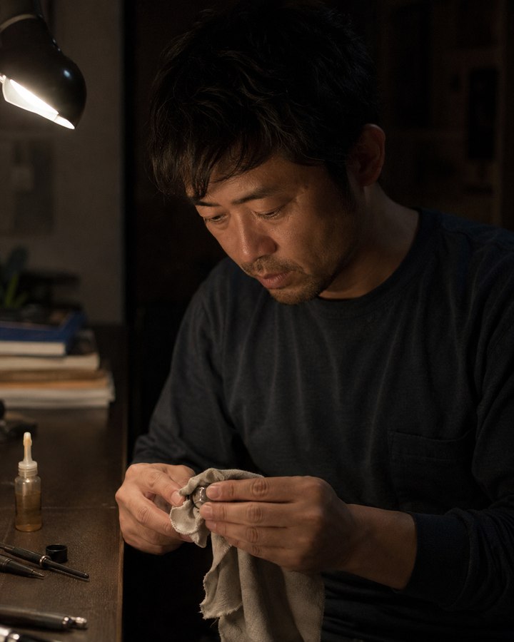 デスクライトの下で釣り道具を手入れする男性